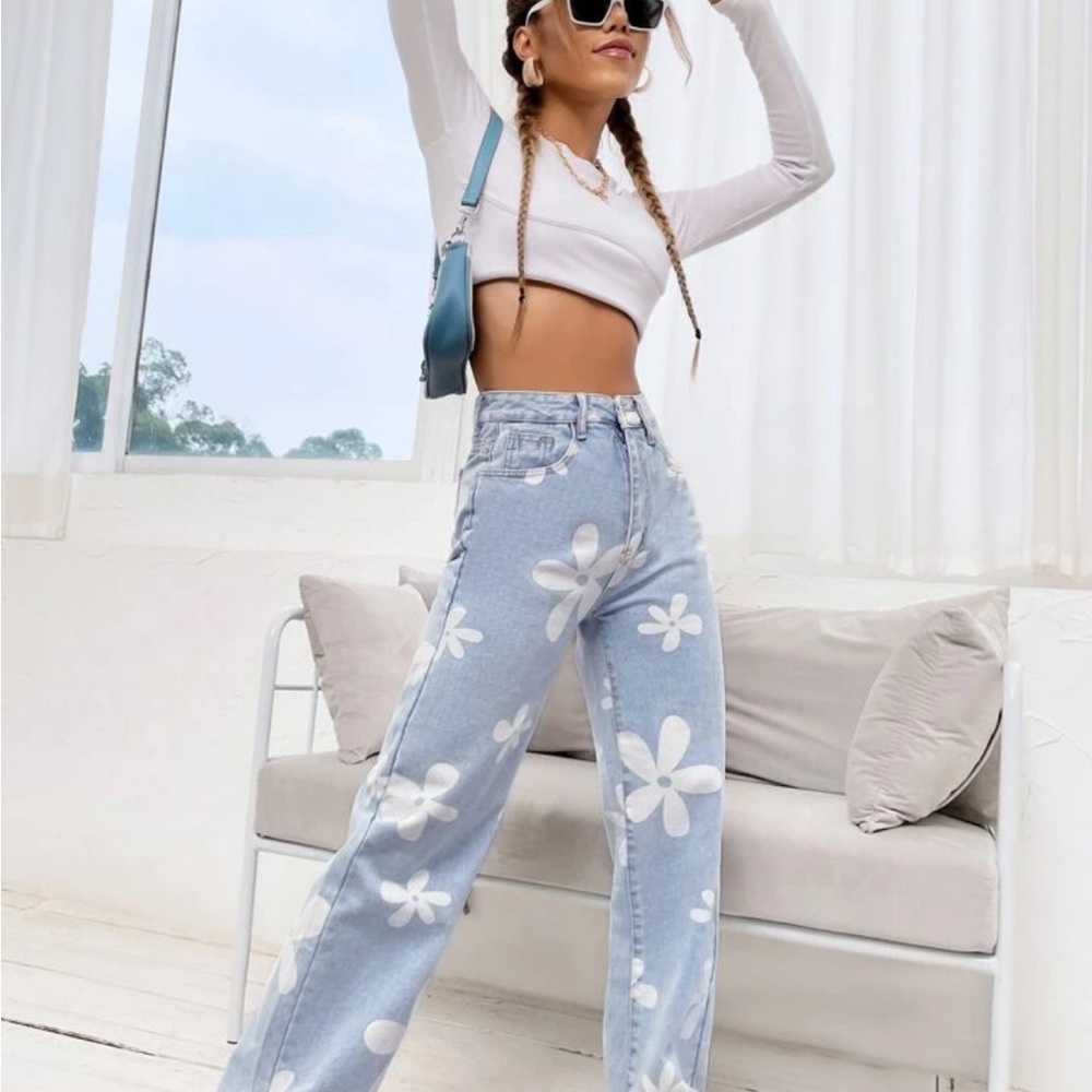 Shein Floral Print Straight Leg Jeans - Picture 1 of 3